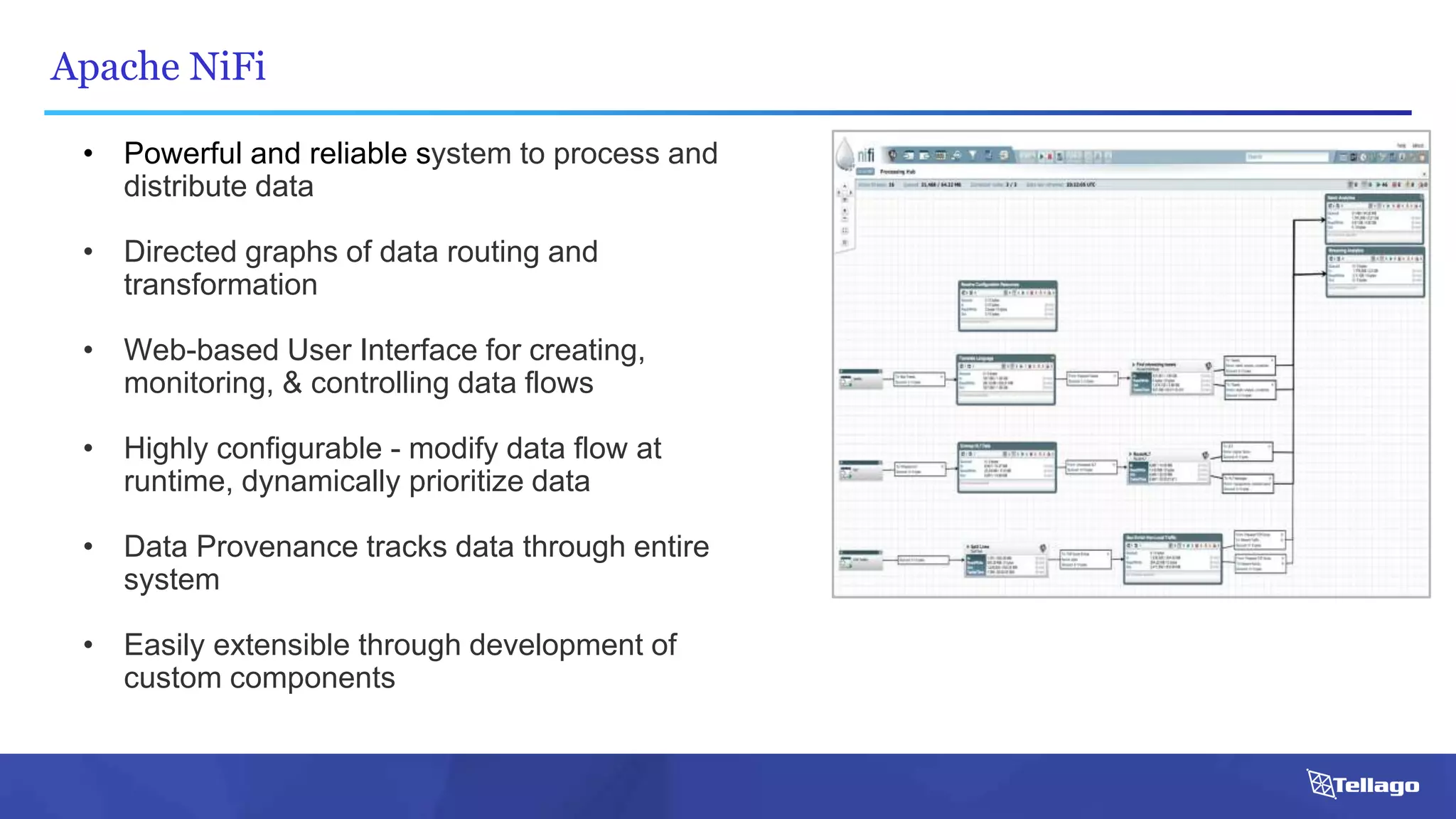 Apache NiFi
• Powerful and reliable system to process and
distribute data
• Directed graphs of data routing and
transformation
• Web-based User Interface for creating,
monitoring, & controlling data flows
• Highly configurable - modify data flow at
runtime, dynamically prioritize data
• Data Provenance tracks data through entire
system
• Easily extensible through development of
custom components
 