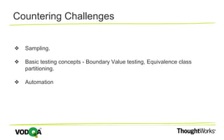 Countering Challenges
❖ Sampling.
❖ Basic testing concepts - Boundary Value testing, Equivalence class
partitioning.
❖ Automation
 