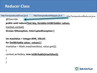 Reducer Class
@Override
public void reduce(Text key, Iterable<IntWritable> values,
Context context)
throws IOException, InterruptedException {
int maxValue = Integer.MIN_VALUE;
for (IntWritable value : values) {
maxValue = Math.max(maxValue, value.get());
}
context.write(key, new IntWritable(maxValue));
}
}
14
 