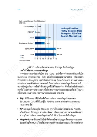 รูปท่ี 2 เปรียบเทียบราคาของ Storage Technology
เทคโนโลยีกำรประมวลผลข้อมูล
การประมวลผลข้อมูลท่ีเป็น Big Data จะมีท้ังการวิเคราะห์ข้อมูลท่ีเป็น
business intelligence (BI) เพ่ือท่ีจะดึงข้อมูลมานำาเสนอ หรือการทำา
Predictive Analytics โดยใช้หลักการของ Data Science ความยากของ
การประมวลผลคือต้องการความเร็วในการประมวลผลข้อมูลท่ีนอกจากมี
ขนาดใหญ่แล้วบางคร้ังยังเป็นข้อมูลท่ีไม่มีโครงสร้าง ดังน้ันต้องจึงมีการนำา
เทคโนโลยีหรือภาษาต่างๆมาเพ่ือให้สามารถประมวลผลข้อมูลได้ ซ่ึงในบาง
คร้ังหน่วยงานอาจต้องพิจารณาต้องเลือกใช้ อาทิเช่น
• SQL ก็เป็นภาษาท่ียังต้องใช้ในการประมวลผลข้อมูลโดยเฉพาะ
Structure Data ท่ีเก็บอยู่ใน RDBMS และสามารถประมวลผลแบบ
RealTime ได้
• APIs ข้อมูลท่ีเก็บอยู่ใน Storage ต่างๆท่ีกล่าวมาข้างต้นเช่น NoSQL
หรือ Cloud Storage อาจต้องพัฒนาโปรแกรมด้วยภาษาคอมพิวเตอร์
ต่างๆ ในการประมวลผลข้อมูลโดยใช้ APIs ในการเข้าถึงข้อมูล
• MapReduce เป็นเทคโนโลยีท่ีพัฒนาโดย Google ในการประมวลผล
ข้อมูลท่ีอยู่ใน HDFS โดยใช้ภาษาคอมพิวเตอร์อย่าง Java ในการพัฒนา
124 THANACHART
 