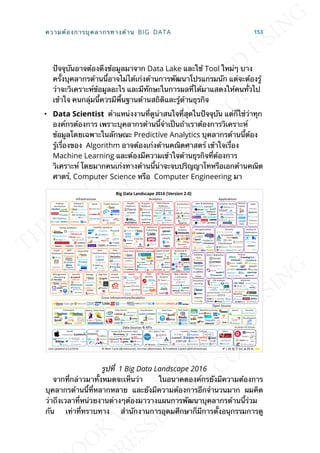 ปัจจุบันอาจต้องดึงข้อมูลมาจาก Data Lake และใช้ Tool ใหม่ๆ บาง
คร้ังบุคลากรด้านน้ีอาจไม่ได้เก่งด้านการพัฒนาโปรแกรมนัก แต่จะต้องรู้
ว่าจะวิเคราะห์ข้อมูลอะไร และมีทักษะในการผลท่ีได้มาแสดงให้คนท่ัวไป
เข้าใจ คนกลุ่มน้ีควรมีพ้ืนฐานด้านสถิติและรู้ด้านธุรกิจ
• Data Scientist ตำาแหน่งงานท่ีดูน่าสนใจท่ีสุดในปัจจุบัน แต่ก็ใช่ว่าทุก
องค์กรต้องการ เพราะบุคลากรด้านน้ีจำาเป็นถ้าเราต้องการวิเคราะห์
ข้อมูลโดยเฉพาะในลักษณะ Predictive Analytics บุคลากรด้านน้ีต้อง
รู้เร่ืองของ Algorithm อาจต้องเก่งด้านคณิตศาสตร์ เข้าใจเร่ือง
Machine Learning และต้องมีความเข้าใจด้านธุรกิจท่ีต้องการ
วิเคราะห์ โดยมากคนเก่งทางด้านน้ีน่าจะจบปริญญาโทหรือเอกด้านคณิต
ศาตร์, Computer Science หรือ Computer Engineering มา
รูปท่ี 1 Big Data Landscape 2016
จากท่ีกล่าวมาท้ังหมดจะเห็นว่า ในอนาคตองค์กรยังมีความต้องการ
บุคลากรด้านน้ีท่ีหลากหลาย และยังมีความต้องการอีกจำานวนมาก ผมคิด
ว่าถึงเวลาท่ีหน่วยงานต่างๆต้องมาวางแผนการพัฒนาบุคลากรด้านน้ีร่วม
กัน เท่าท่ีทราบทาง สำานักงานการอุดมศึกษาก็มีการต้ังอนุกรรมการดู
ความต้องการบุคลากรทางด้าน BIG DATA 153
 