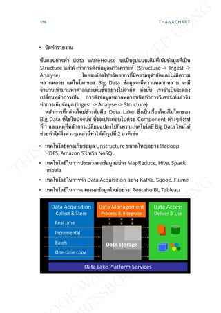 • จัดทำารายงาน
ข้ันตอนการทำา Data WareHouse จะเป็นรูปแบบเดิมท่ีเน้นข้อมูลท่ีเป็น
Structure แล้วจึงทำาการดึงข้อมูลมาวิเคราะห์ (Structure -> Ingest ->
Analyse) โดยจะต้องใช้ทรัพยากรท่ีมีความจุจำากัดและไม่มีความ
หลากหลาย แต่ในโลกของ Big Data ข้อมูลจะมีความหลากหลาย จะมี
จำานวนเข้ามามหาศาลและเพ่ิมข้ึนอย่างไม่จำากัด ดังน้ัน เราจำาเป็นจะต้อง
เปล่ียนหลักการเป็น การดึงข้อมูลหลากหลายชนิดทำาการวิเคราะห์แล้วจึง
ทำาการเก็บจ้อมูล (Ingest -> Analyse -> Structure)
หลักการท่ีกล่าวใหม่ข้างต้นคือ Data Lake ซ่ึงเป็นเร่ืองใหม่ในโลกของ
Big Data ท่ีใช้ในปัจจุบัน ซ่ึงจะประกอบไปด้วย Component ต่างๆดังรูป
ท่ี 1 และเหตุท่ีหลักการเปล่ียนแปลงไปก็เพราะเทคโนโลยี Big Data ใหม่ได้
ช่วยทำาให้ส่ิงต่างๆเหล่าน้ีทำาได้ดังรูปท่ี 2 อาทิเช่น
• เทคโนโลยีการเก็บข้อมูล Unstructure ขนาดใหญ่อย่าง Hadoop
HDFS, Amazon S3 หรือ NoSQL
• เทคโนโลยีในการประมวลผลข้อมูลอย่าง MapReduce, Hive, Spaek,
Impala
• เทคโนโลยีในการทำา Data Acquisition อย่าง KafKa, Sqoop, Flume
• เทคโนโลยีในการแสดงผลข้อมูลใหม่อย่าง Pentaho BI, Tableau
156 THANACHART
 