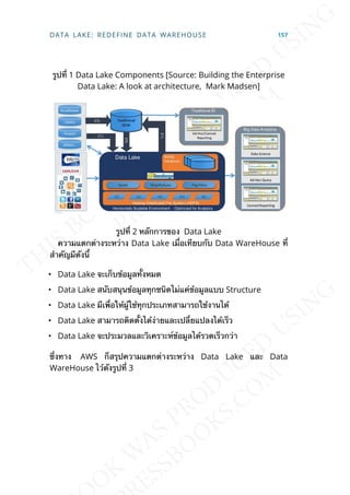 รูปท่ี 1 Data Lake Components [Source: Building the Enterprise
Data Lake: A look at architecture, Mark Madsen]
รูปท่ี 2 หลักการของ Data Lake
ความแตกต่างระหว่าง Data Lake เม่ือเทียบกับ Data WareHouse ท่ี
สำาคัญมีดังน้ี
• Data Lake จะเก็บข้อมูลท้ังหมด
• Data Lake สนับสนุนข้อมูลทุกชนิดไม่แค่ข้อมูลแบบ Structure
• Data Lake มีเพ่ือให้ผู้ใช้ทุกประเภทสามารถใช้งานได้
• Data Lake สามารถติดต้ังได้ง่ายและเปล่ียแปลงได้เร็ว
• Data Lake จะประมวลและวิเคราะห์ข้อมูลได้รวดเร็วกว่า
ซ่ึงทาง AWS ก็สรุปความแตกต่างระหว่าง Data Lake และ Data
WareHouse ไว้ดังรูปท่ี 3
DATA LAKE: REDEFINE DATA WAREHOUSE 157
 