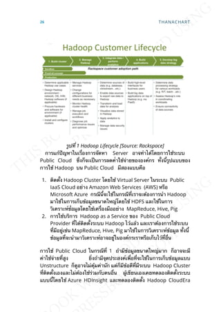 รูปท่ี 1 Hadoop Lifecycle [Source: Rackspace]
การแก้ปัญหาในเร่ืองการจัดหา Server อาจทำาได้โดยการใช้ระบบ
Public Cloud ซ่ึงก็จะเป็นการลดค่่าใช้จ่ายขององค์กร ท้ังน้ีรูปแบบของ
การใช้ Hadoop บน Public Cloud มีสองแบบคือ
1. ติดต้ัง Hadoop Cluster โดยใช้ Virtual Server ในระบบ Public
IaaS Cloud อย่าง Amazon Web Services (AWS) หรือ
Microsoft Azure กรณีน้ีจะใช้ในกรณีท่ีเราจะต้องการนำา Hadoop
มาใช้ในการเก็บข้อมูลขนาดใหญ่โดยใช้ HDFS และใช้ในการ
วิเคราะห์ข่้อมูลโดยใช้เคร่ืองมืออย่าง MapReduce, Hive, Pig
2. การใช้บริการ Hadoop as a Service ของ Public Cloud
Provider ท่ีได้ติดต้ังระบบ Hadoop ไว้แล้ว และเราต้องการใช้ระบบ
ท่ีมีอยู่เช่น MapReduce, Hive, Pig มาใช้ในการวิเคราะห์ข้อมูล ท้ังน้ี
ข้อมูลท่ีจะนำามาวิเคราะห์อาจอยู่ในองค์กรเราหรือเก็บไว้ท่ีอ่ืน
การใช้ Public Cloud ในกรณีท่ี 1 ถ้ามีข้อมูลขนาดใหญ่มาก ก็อาจจะมี
ค่าใช้จ่ายท่ีสูง ย่ิงถ้ามีจุดประสงค์เพ่ือท่ีจะใช้ในการเก็บข้อมูลแบบ
Unstructure ก็ดูอาจไม่คุ้มค่านัก แต่ก็มีข้อดีท่ีมีระบบ Hadoop Cluster
ท่ีติดต้ังเองและไม่ต้องใช้ร่วมกับคนอ่ืน ผู้เขียนเองเคยทดลองติดต้ังระบบ
แบบน้ีโดยใช้ Azure HDInsight และทดลองติดต้ัง Hadoop CloudEra
26 THANACHART
 