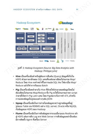 รูปท่ี 3: Hadoop Ecosystem [Source: Big Data Analytics with
Hadoop: Phillippe Julio]
• Hive เป็นเคร่ืองมือสำาหรับผู้ต้องการสืบค้น (Query) ข้อมูลท่ีเก็บใน
HDFS ด้วยภาษาลักษณะ SQL แทนท่ีจะต้องมาเขียนโปรแกรม Map/
Reduce โดย Hive จะทำาหน้าท่ีในการแปล SQL like ให้มาเป็น Map/
Reduce แล้วก็ทำาการรันแบบ Batch
• Pig เป็นเคร่ืองมือคล้ายๆกับ Hive ท่ีช่วยให้ประมวลผลข้อมูลโดยไม่
ต้องเขียนโปรแกรม Map/Reduce ซ่ึง Pig จะใช้โปรแกรมภาษา script
ง่ายๆท่ีเรียกว่า Pig Latin แทน โดย Pigเหมาะกับการทำา ETL สำาหรับ
การแปลงข้อมูลในรูปแบบต่างๆเช่น JSON
• Sqoop เป็นเคร่ืองมือในการถ่ายโอนข้อมูลระหว่างฐานข้อมูลท่ีอยู่
รูปแบบ Table บน RDBMS อย่าง SQL server, Oracle หรือ MySQL
กับข้อมูลบน HDFS ของ Hadoop
• Flume เป็นเคร่ืองมือในการดึงข้อมูลจากระบบอ่ืนๆแบบ Realtime เข้า
สู่ HDFS เช่นการดึง Log จาก Web Server การดึงข้อมูลเหล่าน้ีจะต้อง
มีการติดต้ัง Agent ท่ีเคร่ือง Server
HADOOP ECOSYSTEM สำาหรับการพัฒนา BIG DATA 51
 