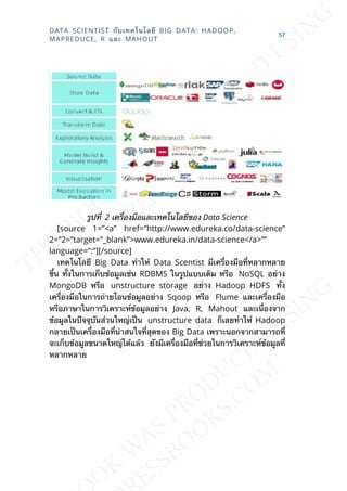 รูปท่ี 2 เคร่ืองมือและเทคโนโลยีของ Data Science
[source 1=”<a” href=”http://www.edureka.co/data-science”
2=”2=”target=”_blank”>www.edureka.in/data-science</a>””
language=”:”][/source]
เทคโนโลยี Big Data ทำาให้ Data Scentist มีเคร่ืองมือท่ีหลากหลาย
ข้ึน ท้ังในการเก็บข้อมูลเช่น RDBMS ในรูปแบบเดิม หรือ NoSQL อย่าง
MongoDB หรือ unstructure storage อย่าง Hadoop HDFS ท้ัง
เคร่ืองมือในการถ่ายโอนข้อมูลอย่าง Sqoop หรือ Flume และเคร่ืองมือ
หรือภาษาในการวิเคราะห์ข้อมูลอย่าง Java, R, Mahout และเน่ืองจาก
ข้อมูลในปัจจุบันส่วนใหญ่เป็น unstructure data ก็เลยทำาให้ Hadoop
กลายเป็นเคร่ืองมือท่ีน่าสนใจท่ีสุดของ Big Data เพราะนอกจากสามารถท่ี
จะเก็บข้อมูลขนาดใหญ่ได้แล้ว ยังมีเคร่ืองมือท่ีช่วยในการวิเคราะห์ข้อมูลท่ี
หลากหลาย
DATA SCIENTIST กับเทคโนโลยี BIG DATA: HADOOP,
MAPREDUCE, R และ MAHOUT
57
 