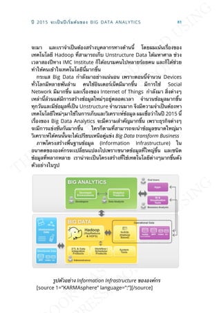 จะมา และเราจำาเป็นต้องสร้างบุคลากรทางด้านน้ี โดยผมเน้นเร่ืองของ
เทคโนโลยี Hadoop ท่ีสามารถเก็บ Unstructure Data ได้มหาศาล ช่วง
เวลาสองปีทาง IMC Institute ก็ได้อบรมคนไปหลายร้อยคน และก็ได้ช่วย
ทำาให้คนเข้าใจเทคโนโลยีน้ีมากข้ึน
กระแส Big Data กำาลังมาอย่างแน่นอน เพราะตอนน้ีจำานวน Devices
ท่ัวโลกมีหลายพันล้าน คนใช้อินเตอร์เน็ตมีมากข้ึน มีการใช้ Social
Network มีมากข้ึน และเร่ืองของ Internet of Things กำาลังมา ส่ิงต่างๆ
เหล่าน้ีล้วนแต่มีการสร้างข้อมูลใหม่ๆอยู่ตลอดเวลา จำานวนข้อมูลมากข้ึน
ทุกวันและมีข้อมูลท่ีเป็น Unstructure จำานวนมาก จึงมีความจำาเป็นต้องหา
เทคโนโลยีใหม่ๆมาใช้ในการเก็บและวิเคราะห์ข้อมูล ผมเช่ือว่าในปี 2015 น้ี
เร่ืองของ Big Data Analytics จะมีความสำาคัญมากข้ึน เพราะธุรกิจต่างๆ
จะมีการแข่งขันกันมากข้ึน ใครก็ตามท่ีสามารถจะนำาข้อมูลขนาดใหญ่มา
วิเคราะห์ได้คนน้ันจะได้เปรียบเหนือคู่แข่ง Big Data transform Business
ภาพโครงสร้างพ้ืนฐานข้อมูล (Information Infrastructure) ใน
อนาคตขององค์กรจะเปล่ียนแปลงไปเพราะขนาดข้อมูลท่ีใหญ่ข้ึน และชนิด
ข้อมูลท่ีหลากหลาย เราน่าจะเป็นโครงสร้างท่ีใช้เทตโนโลยีต่างๆมากข้ึนดัง
ตัวอย่างในรูป
รูปตัวอย่าง Information Infrastructure ขององค์กร
[source 1=”KARMAsphere” language=”:”][/source]
ปี 2015 จะเป็นปีเร่ิมต้นของ BIG DATA ANALYTICS 81
 