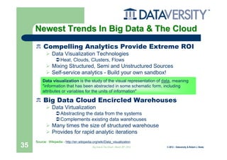 Newest Trends In Big Data & The Cloud

          Compelling Analytics Provide Extreme ROI
                Data Visualization Technologies
                      Heat, Clouds, Clusters, Flows
                Mixing Structured, Semi and Unstructured Sources
                Self-service analytics - Build your own sandbox!
         Data visualization is the study of the visual representation of data, meaning
         "information that has been abstracted in some schematic form, including
         attributes or variables for the units of information"

          Big Data Cloud Encircled Warehouses
                Data Virtualization
                      Abstracting the data from the systems
                      Complements existing data warehouses
                Many times the size of structured warehouse
                Provides for rapid analytic iterations
     Source: Wikipedia - http://en.wikipedia.org/wiki/Data_visualization
35                                           Big Data & The Cloud – March 20th, 2012   © 2012 – Dataversity & Robert J. Abate
 