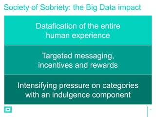 17
Society of Sobriety: the Big Data impact
Datafication of the entire
human experience
Targeted messaging,
incentives and...