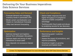 Delivering On Your Business Imperatives
Data Science Services
Forecasting Sales and Demand
 Forecast demand and managing
inventory levels in perishable CPG
 Model variant cannibalization and
impact on manufacturer forecasts
 Utility load demand forecasting

Check and Compliance
 Deliver faster response time and
higher throughput of compliance
checks to enable competitive
advantage
 Tackling public fraud waste and abuse
by analyzing records for tax discovery

Optimization

Performance and Insights

 Optimize transport and logistics recover from unforeseen disruptions

 Maximizing guest / customer
experience

 Optimize depth and timing of retail
markdowns to boost sales

 Assess the impact of promotions, and
improve profitability

 Grow deposits not excessive interest
costs

 Directional insight on growing
revenues and basket sizes

Contact “DL BigDataSalesSupport” for more information about SAP Data Science Services
© 2013 SAP AG. All rights reserved.

Confidential

11

 