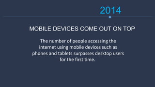 2014
The number of people accessing the
internet using mobile devices such as
phones and tablets surpasses desktop users
for the first time.
MOBILE DEVICES COME OUT ON TOP
 
