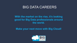 With the market on the rise, it’s looking
good for Big Data professionals around
the world.
Make your next move with Big Cloud!
BIG DATA CAREERS
 