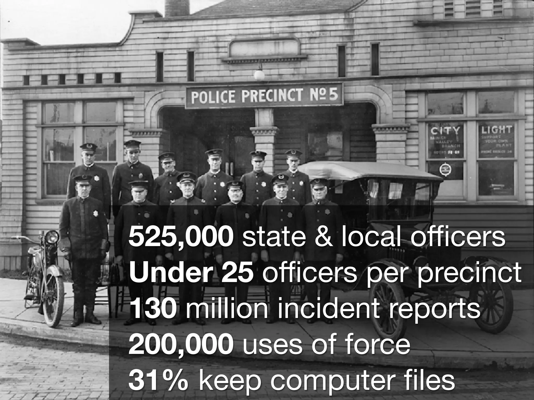 525,000 state & local oﬃcers
Under 25 oﬃcers per precinct
130 million incident reports
200,000 uses of force
31% keep computer ﬁles
 