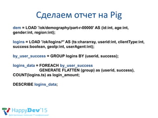 Сделаем отчет на Pig
/* amount of logins by regions */
dem_logins= JOIN dem BY id, logins_data BY userid;
by_region = GROU...