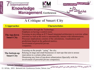 14
3-Approaches Characteristics
The top-down
Smart City
Optimization through the Technology;
Emphasis on having a control room;
Focusing on providing an ICT-based integrated architecture to overview urban
activities as well as the tools to automatically interact with infrastructures;
Processes implications consists of the calculations, visualizations and
predictions based on the gathered metrics;
involvement of powerful private
companies;
The bottom-up
Smart City
Focusing on the people ‘‘using’’ the city;
Relying on large and small businesses or start-ups that aim to arouse
innovation in a certain urban sector;
Dismissing any form of top-down urbanization (Specially with the
involvement of powerful private companies);
Fahimeh Tabatabaei
 
