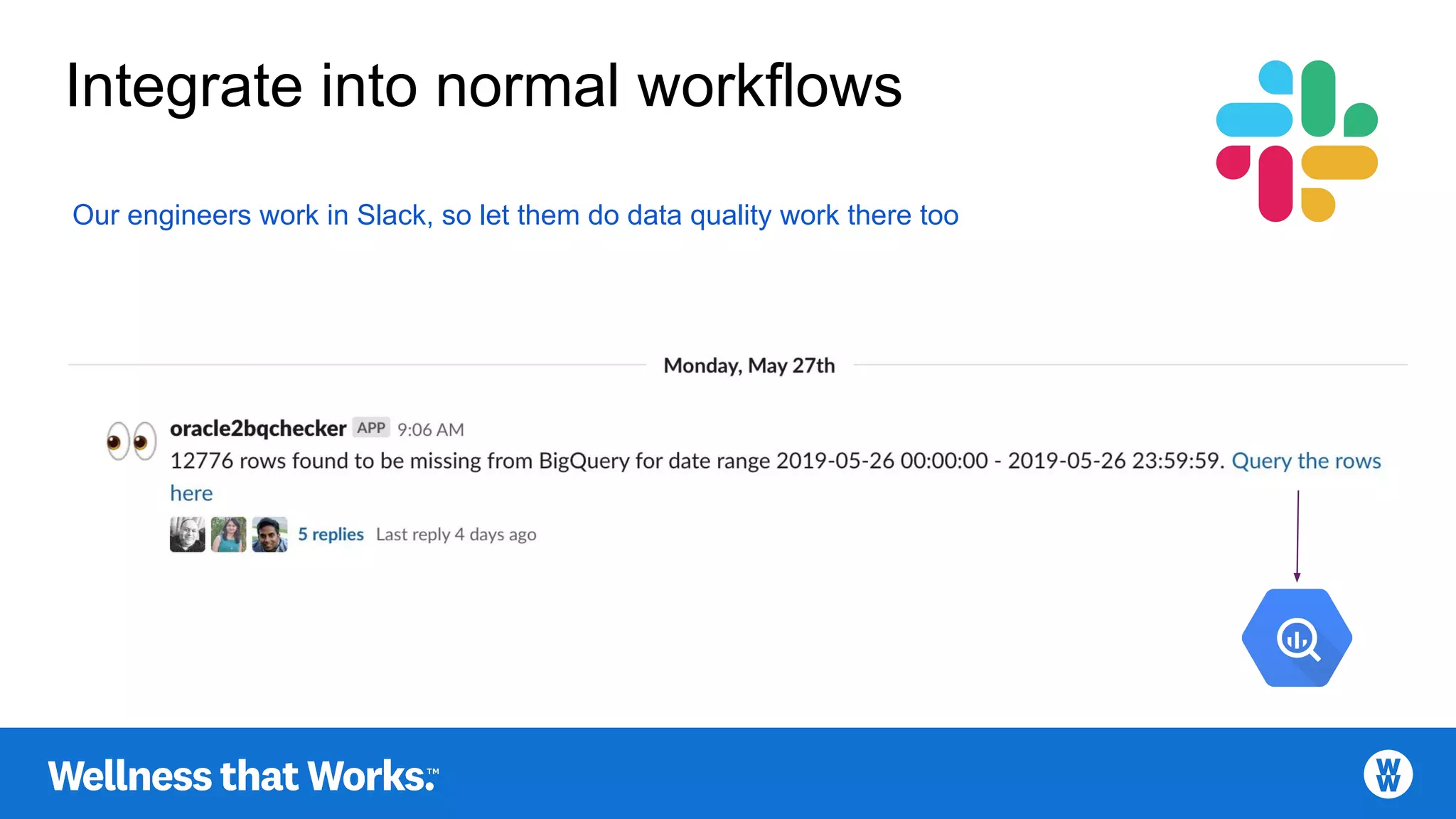 Integrate into normal workflows
Our engineers work in Slack, so let them do data quality work there too
 