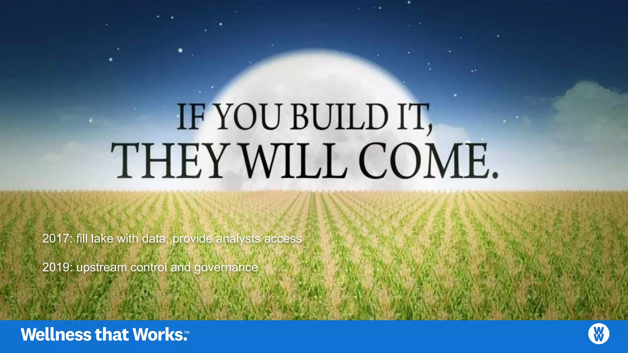 2017: fill lake with data; provide analysts access
2019: upstream control and governance
 