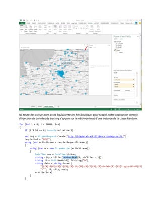 Ici, toutes les valeurs sont assez équivalentes (n_hits) puisque, pour rappel, notre application console
d’injection de données de tracking s’appuie sur la méthode Next d’une instance de la classe Random.

 