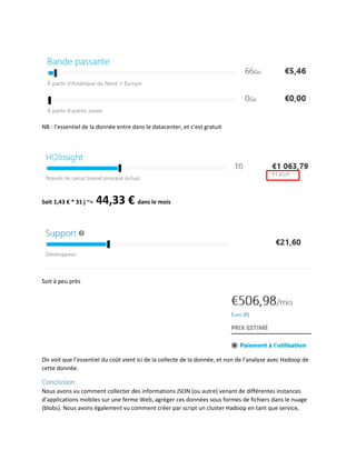 NB : l’essentiel de la donnée entre dans le datacenter, et c’est gratuit

Soit 1,43 € * 31 j ~=

44,33 € dans le mois

Soit à peu près

On voit que l’essentiel du coût vient ici de la collecte de la donnée, et non de l’analyse avec Hadoop de
cette donnée.

Conclusion
Nous avons vu comment collecter des informations JSON (ou autre) venant de différentes instances
d’applications mobiles sur une ferme Web, agréger ces données sous formes de fichiers dans le nuage
(blobs). Nous avons également vu comment créer par script un cluster Hadoop en tant que service,

 