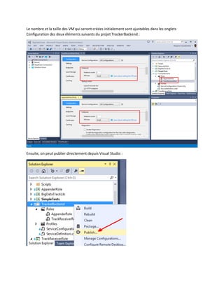 Le nombre et la taille des VM qui seront créées initialement sont ajustables dans les onglets
Configuration des deux éléments suivants du projet TrackerBackend :

Ensuite, on peut publier directement depuis Visual Studio :

 