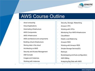 www.company.com
AWS Course Outline
• cloud computing
• Cloud Applications
• Automating infrastructure
• AWS Components
• AWS infrastructure
• AWS architecture and components
• Building virtual infrastructure
• Storing data in the cloud
• Architecting on AWS
• Security and Access Management
• IAM Console
• Images and Instances
• Working with instances
• Security, Storage, Networking
• Amazon VPC
• Working with VPCs
• Monitoring Your AWS Infrastructure
• CloudWatch
• Elastic Load Balancing
• Amazon RDS
• Working with Amazon RDS
• Simple Storage Service(S3)
• Backups
• Bootstrapping and Auto-configuration
• AWS Billing
• Analyzing Big Data with AWS
 