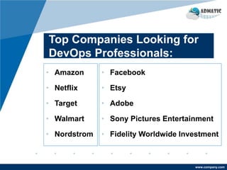 www.company.com
Top Companies Looking for
DevOps Professionals:
• Amazon
• Netflix
• Target
• Walmart
• Nordstrom
• Facebook
• Etsy
• Adobe
• Sony Pictures Entertainment
• Fidelity Worldwide Investment
 