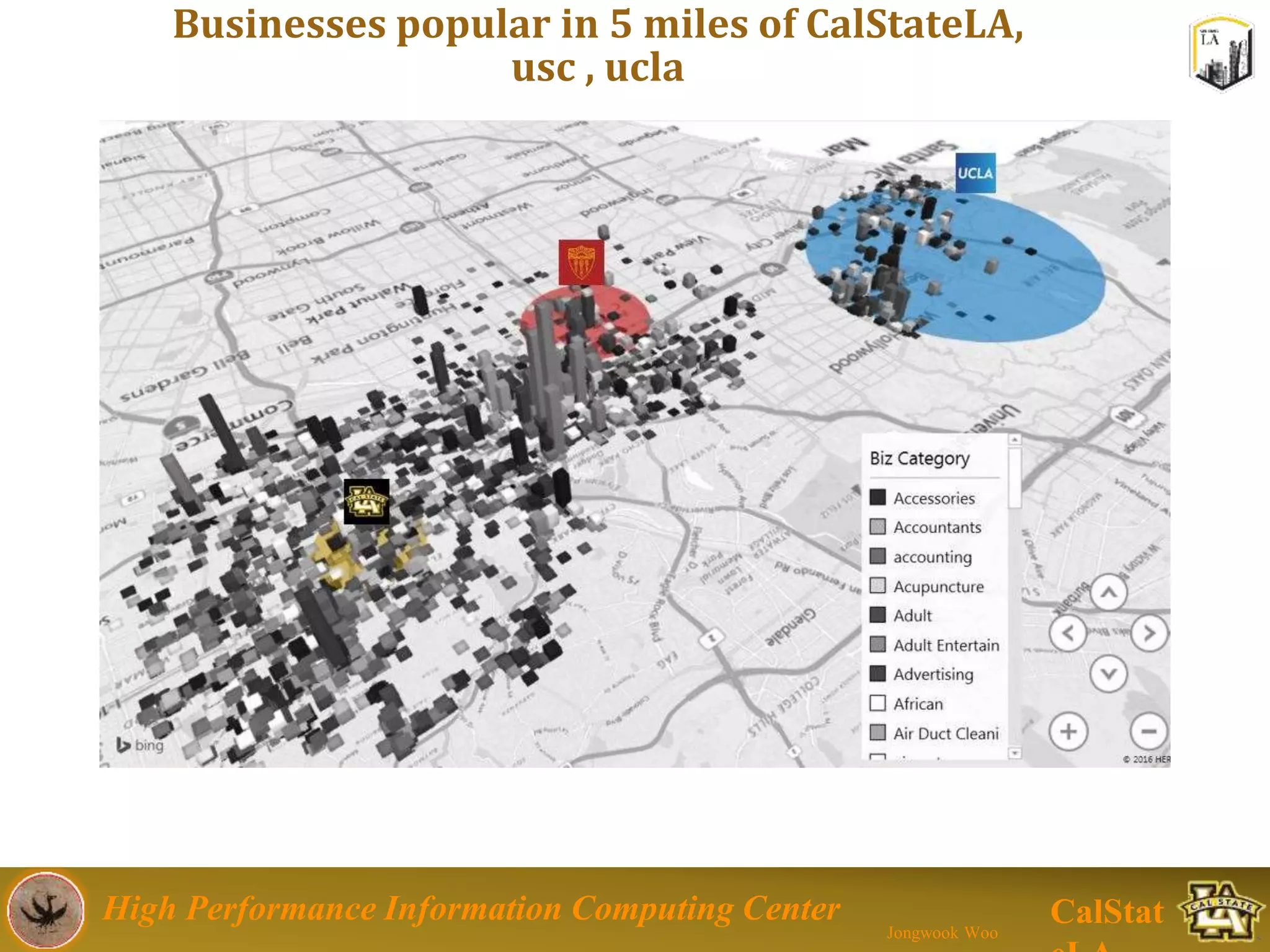 High Performance Information Computing Center
Jongwook Woo
CalStat
Businesses popular in 5 miles of CalStateLA,
usc , ucla
 