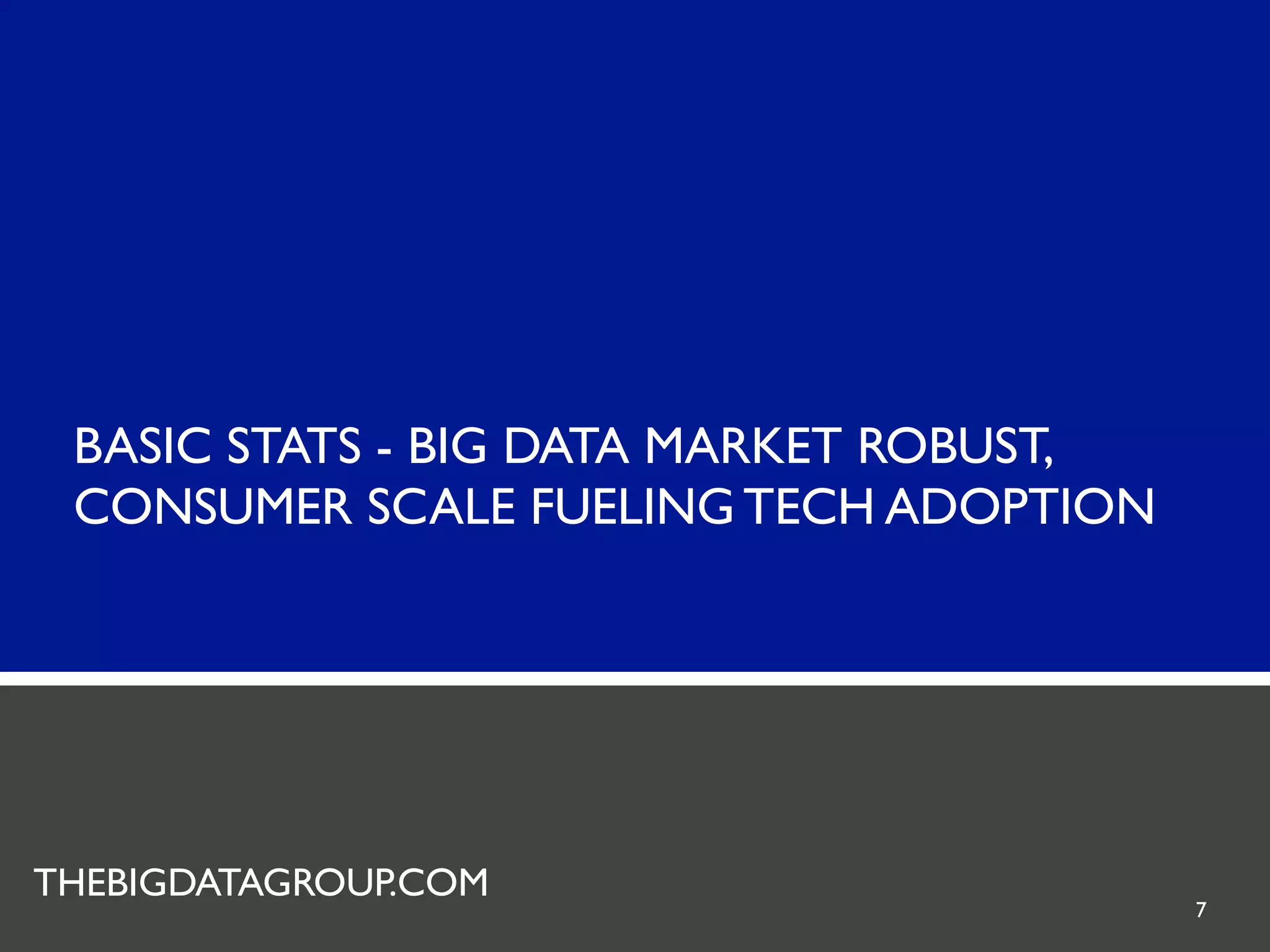 BASIC STATS - BIG DATA MARKET ROBUST,
 CONSUMER SCALE FUELING TECH ADOPTION




 METADATA GROUP
THEBIGDATAGROUP.COM
                                         7
 