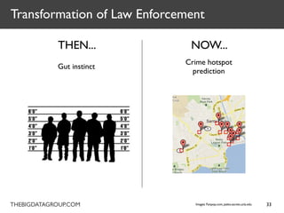 Transformation of Law Enforcement

            THEN...           NOW...
                             Crime hotspot
            Gut instinct
                               prediction




THEBIGDATAGROUP.COM            Images: Fanpop.com, paleo.sscnet.ucla.edu   33
 