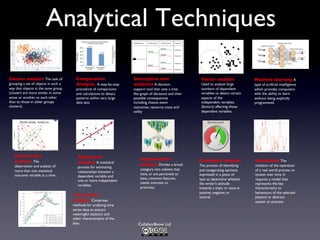 Collabor8now Ltd
Analytical Techniques
Cluster analysis The task of
grouping a set of objects in such a
way that objects in the same group
(cluster) are more similar, in some
sense or another, to each other
than to those in other groups
clusters).
Comparative
Analysis. A step-by-step
procedure of comparisons
and calculations to detect
patterns within very large
data sets
Descriptive tree
analytics A decision
support tool that uses a tree-
like graph of decisions and their
possible consequences
including chance event
outcomes, resource costs and
utility
Factor analysis
Used to analyse large
numbers of dependent
variables to detect certain
aspects of the
independent variables
(factors) affecting those
dependent variables.
Machine learning A
type of artificial intelligence
which provides computers
with the ability to learn
without being explicitly
programmed.
Multivariate
analysis The
observation and analysis of
more than one statistical
outcome variable at a time..
Regression
analysis A statistical
process for estimating
relationships between a
dependent variable and
one or more independent
variables.
Segmentation
analysis Divides a broad
category into subsets that
have, or are perceived to
have, common features,
needs, interests or
priorities.
Sentiment analysis
The process of identifying
and categorising opinions
expressed in a piece of
text to determine whether
the writer’s attitude
towards a topic or issue is
positive, negative or
neutral.
Simulation The
imitation of the operation
of a real world process or
system over time. It
requires a model that
represents the key
characteristics or
behaviours of the selected
physical or abstract
system or process.
Time Series
analysis Comprises
methods for analysing time
series data to extract
meaningful statistics and
other characteristics of the
data.
 