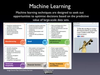 Collabor8now Ltd
Machine Learning
Machine learning techniques are designed to seek out
opportunities to optimise decisions based on the predictive
value of large-scale data sets.
Image Source:Tata Consultancy Services
 