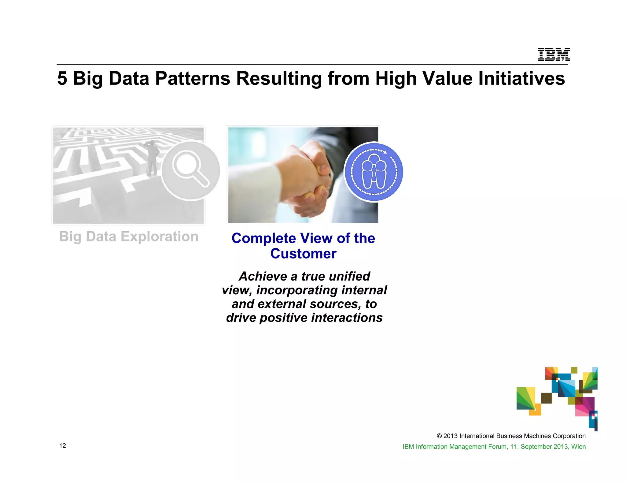 © 2013 International Business Machines Corporation
12 IBM Information Management Forum, 11. September 2013, Wien
Big Data Exploration Complete View of the
Customer
Achieve a true unified
view, incorporating internal
and external sources, to
drive positive interactions
5 Big Data Patterns Resulting from High Value Initiatives
 