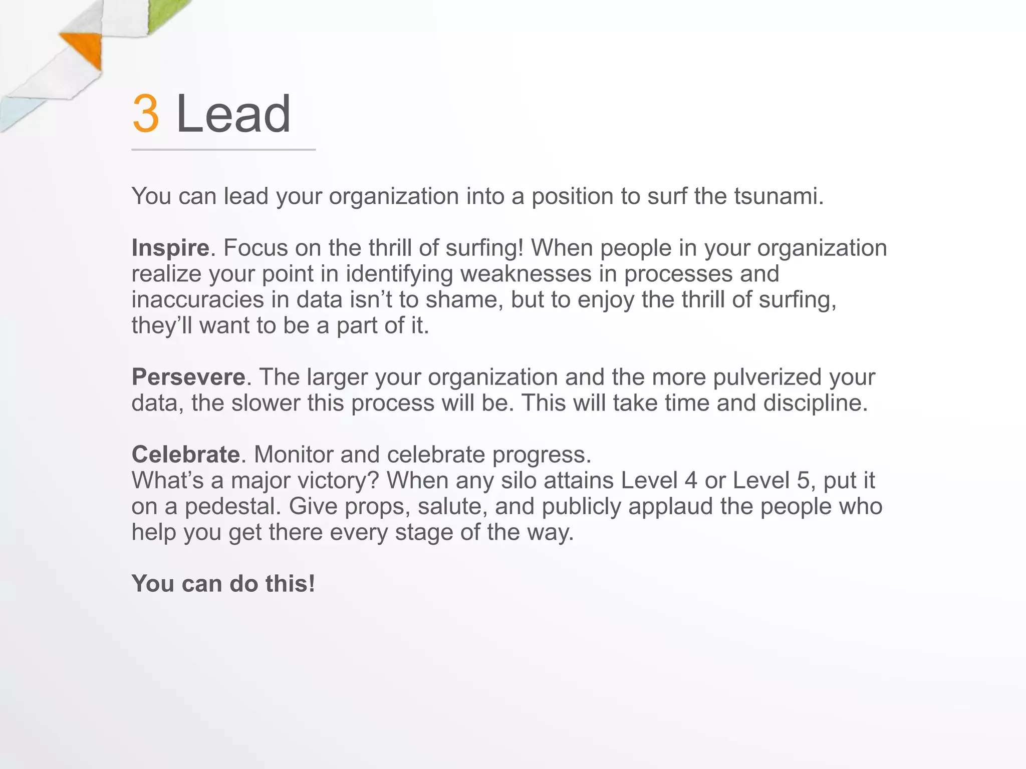3 Lead
You can lead your organization into a position to surf the tsunami.

Inspire. Focus on the thrill of surfing! When people in your organization
realize your point in identifying weaknesses in processes and
inaccuracies in data isn’t to shame, but to enjoy the thrill of surfing,
they’ll want to be a part of it.

Persevere. The larger your organization and the more pulverized your
data, the slower this process will be. This will take time and discipline.

Celebrate. Monitor and celebrate progress.
What’s a major victory? When any silo attains Level 4 or Level 5, put it
on a pedestal. Give props, salute, and publicly applaud the people who
help you get there every stage of the way.

You can do this!
 