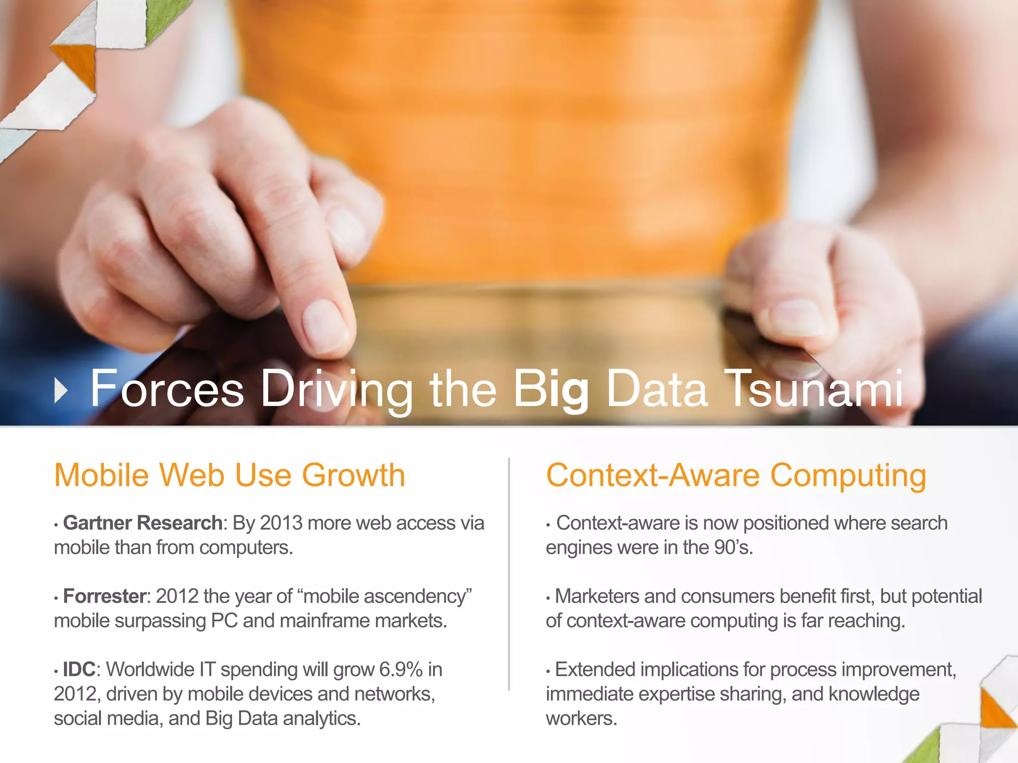 Forces Driving the Big Data Tsunami
Mobile Web Use Growth                              Context-Aware Computing
•Gartner Research: By 2013 more web access via     •Context-aware is now positioned where search
mobile than from computers.                        engines were in the 90’s.

•Forrester: 2012 the year of “mobile ascendency”   •Marketers and consumers benefit first, but potential
mobile surpassing PC and mainframe markets.        of context-aware computing is far reaching.

•IDC: Worldwide IT spending will grow 6.9% in      •Extended implications for process improvement,
2012, driven by mobile devices and networks,       immediate expertise sharing, and knowledge
social media, and Big Data analytics.              workers.
 