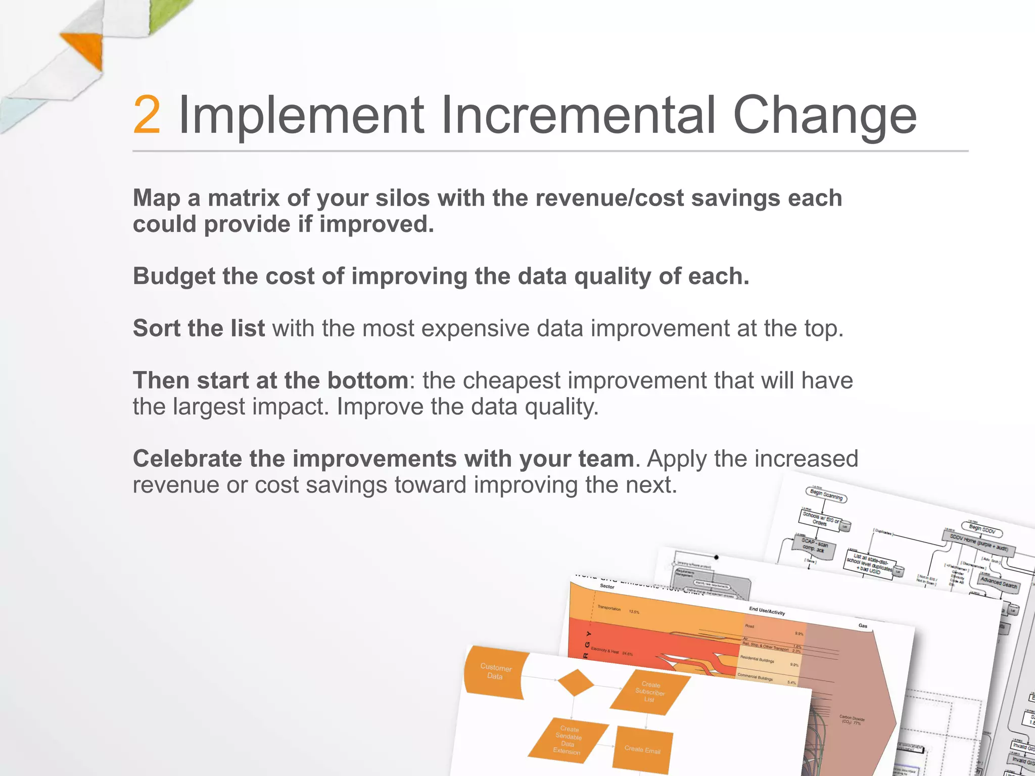 2 Implement Incremental Change
Map a matrix of your silos with the revenue/cost savings each
could provide if improved.

Budget the cost of improving the data quality of each.

Sort the list with the most expensive data improvement at the top.

Then start at the bottom: the cheapest improvement that will have
the largest impact. Improve the data quality.

Celebrate the improvements with your team. Apply the increased
revenue or cost savings toward improving the next.
 