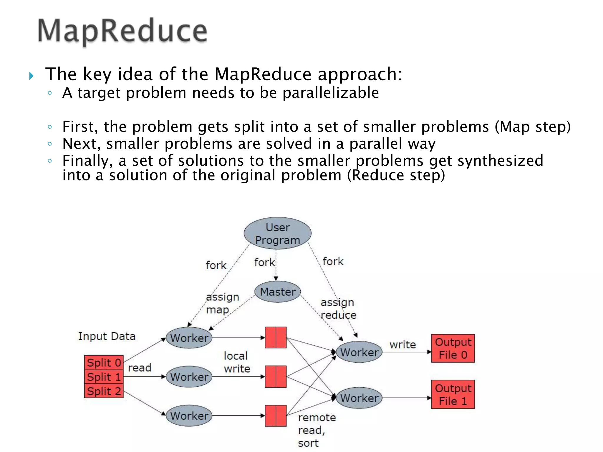 

The key idea of the MapReduce approach:
◦ A target problem needs to be parallelizable

◦ First, the problem gets split into a set of smaller problems (Map step)
◦ Next, smaller problems are solved in a parallel way
◦ Finally, a set of solutions to the smaller problems get synthesized
into a solution of the original problem (Reduce step)

 