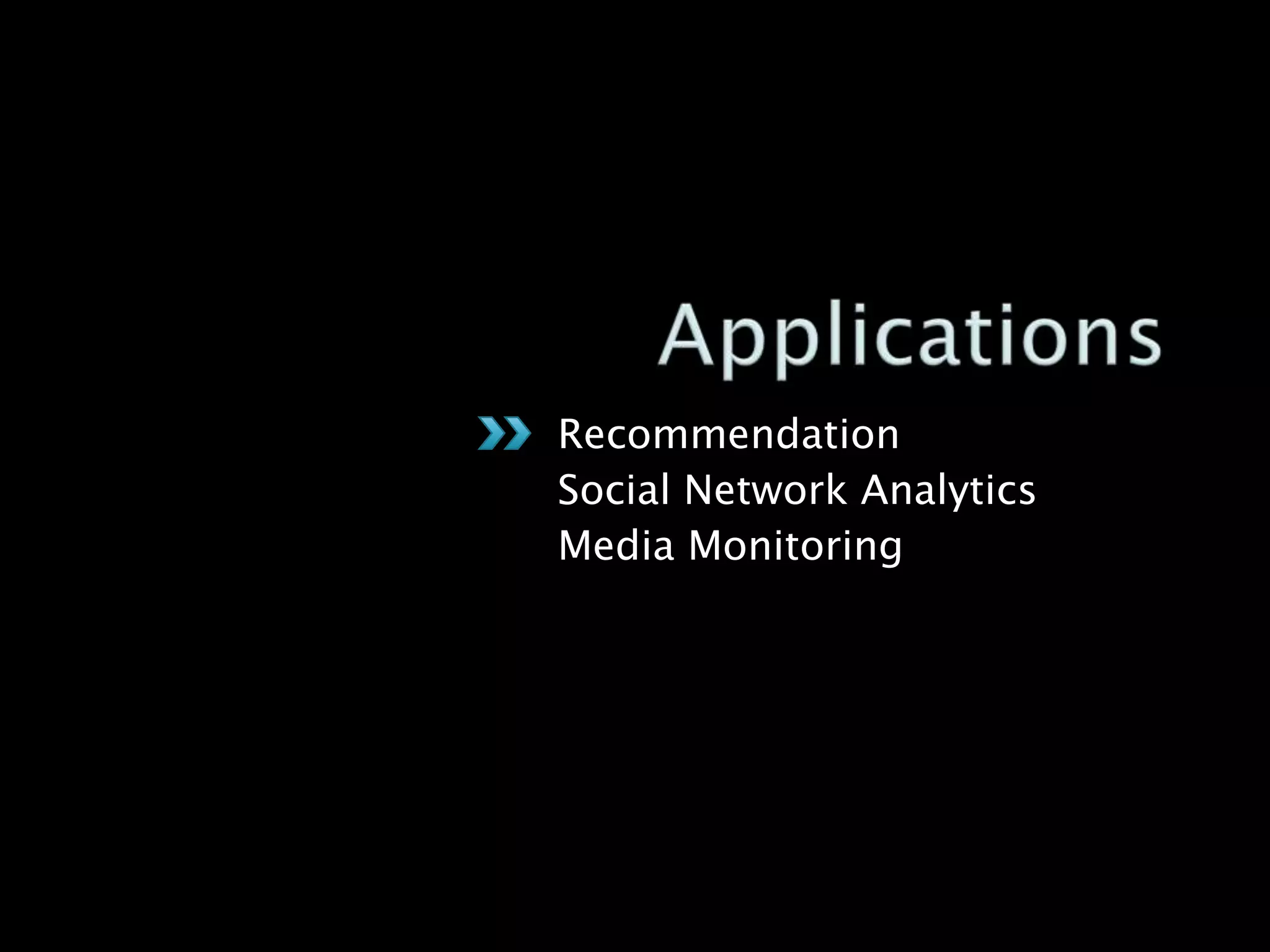 Recommendation
Social Network Analytics
Media Monitoring

 