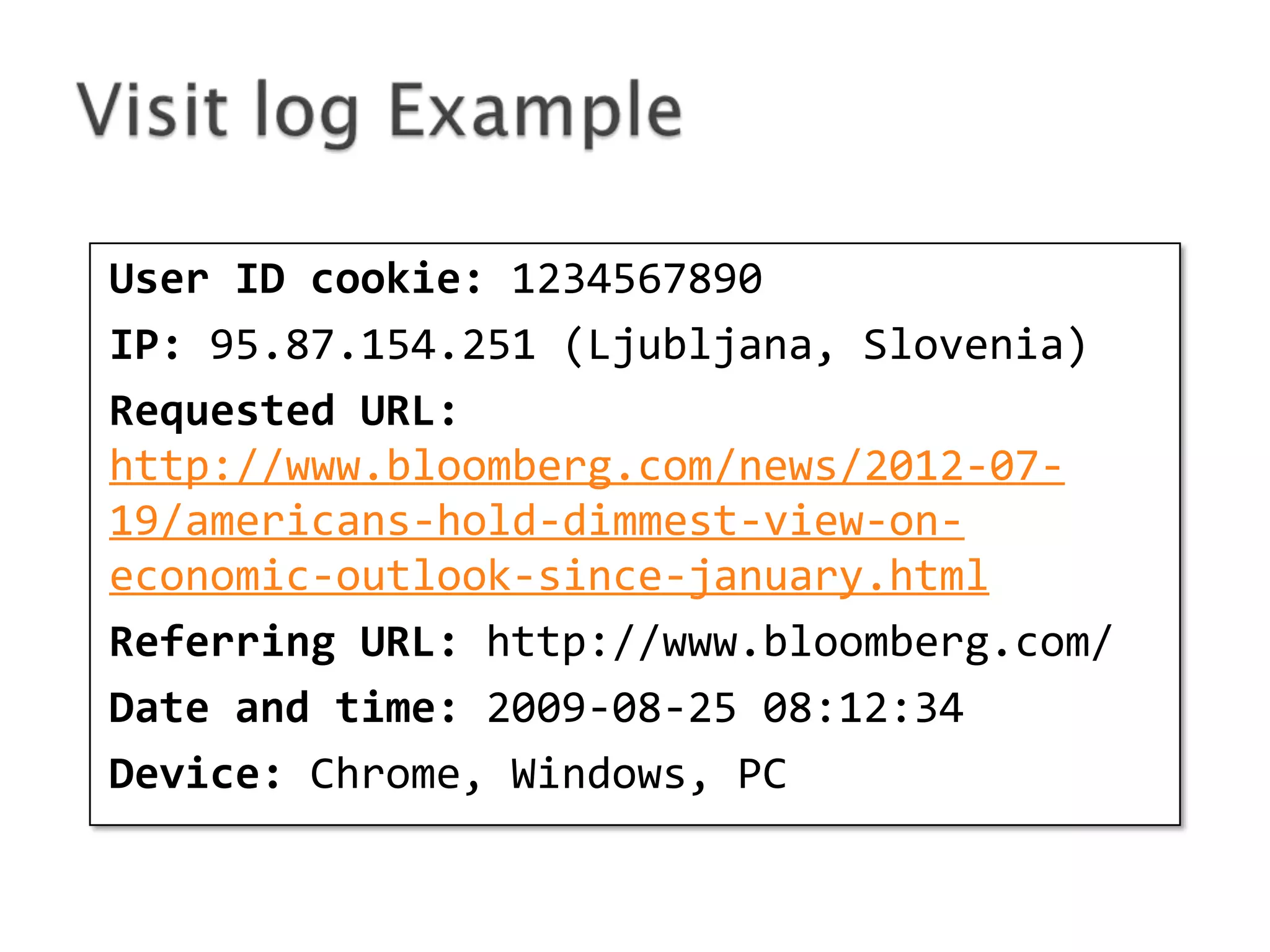 User ID cookie: 1234567890
IP: 95.87.154.251 (Ljubljana, Slovenia)
Requested URL:
http://www.bloomberg.com/news/2012-0719/americans-hold-dimmest-view-oneconomic-outlook-since-january.html
Referring URL: http://www.bloomberg.com/
Date and time: 2009-08-25 08:12:34
Device: Chrome, Windows, PC

 
