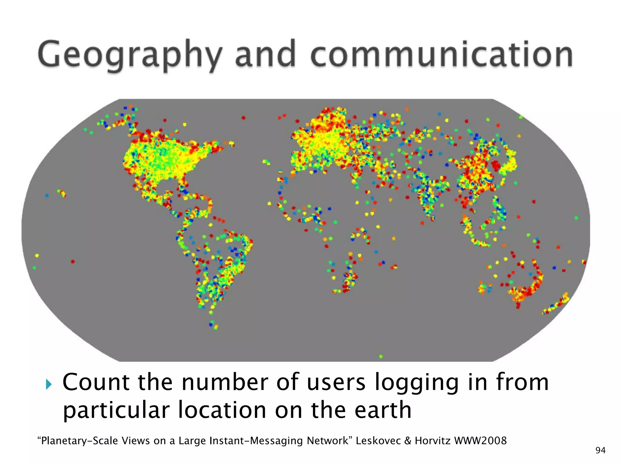 

Count the number of users logging in from
particular location on the earth

“Planetary-Scale Views on a Large Instant-Messaging Network” Leskovec & Horvitz WWW2008

94

 