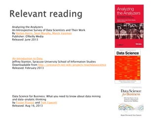 Analyzing the Analyzers
An Introspective Survey of Data Scientists and Their Work
By Harlan Harris, Sean Murphy, Marck Vaisman
Publisher: O'Reilly Media
Released: June 2013

An Introduction to Data
Jeffrey Stanton, Syracuse University School of Information Studies
Downloadable from http://jsresearch.net/wiki/projects/teachdatascience
Released: February 2013

Data Science for Business: What you need to know about data mining
and data-analytic thinking
by Foster Provost and Tom Fawcett
Released: Aug 16, 2013

 