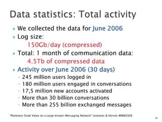 






We collected the data for June 2006
Log size:
150Gb/day (compressed)
Total: 1 month of communication data:
4.5Tb of compressed data
Activity over June 2006 (30 days)
◦
◦
◦
◦
◦

245 million users logged in
180 million users engaged in conversations
17,5 million new accounts activated
More than 30 billion conversations
More than 255 billion exchanged messages

“Planetary-Scale Views on a Large Instant-Messaging Network” Leskovec & Horvitz WWW2008

91

 