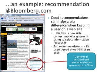  Good recommendations
can make a big
difference when keeping
a user on a web site
◦ …the key is how rich
context model a system is
using to select information
for a user
◦ Bad recommendations <1%
users, good ones >5% users
click
Contextual
personalized
recommendations
generated in ~20ms
 