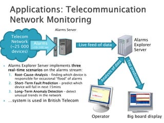  Alarms Explorer Server implements three
real-time scenarios on the alarms stream:
1. Root-Cause-Analysis – finding which device is
responsible for occasional “flood” of alarms
2. Short-Term Fault Prediction – predict which
device will fail in next 15mins
3. Long-Term Anomaly Detection – detect
unusual trends in the network
 …system is used in British Telecom
Alarms Server
Alarms
Explorer
Server
Live feed of data
Operator Big board display
Telecom
Network
(~25 000
devices)
Alarms
~10-100/sec
 