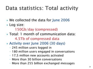  We collected the data for June 2006
 Log size:
150Gb/day (compressed)
 Total: 1 month of communication data:
4.5Tb of compressed data
 Activity over June 2006 (30 days)
◦ 245 million users logged in
◦ 180 million users engaged in conversations
◦ 17,5 million new accounts activated
◦ More than 30 billion conversations
◦ More than 255 billion exchanged messages
34
 