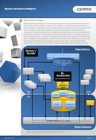 BigDataund BusinessIntelligence
www.saracus.com Seite 9
Big Data und Business Intelligence
Big Data und Business Intelligence werden zusammenwachsen. Der klassische BI-Stack wird in seiner
Grundstruktur erhalten bleiben und um neue Technologien in allen Schichten ergänzt werden, bis zu
den Quellsystemen. Unternehmen, welche bereits Big Data Technologien in ihren operativen Prozessen
nutzen, werden ihre analytischen Fähigkeiten auf diese Technologien konzentrieren (vor allem
Unternehmen, deren Infrastruktur bzw. Geschäftsmodell Web-getrieben ist wie z.B. Facebook, Netflix,
Web-Shops). Unternehmen mit klassischer BI und klassischen ERP-Systemen erschließen mit Big Data
neue Informationsquellen und weiten ihre analytischen Funktionalitäten partiell aus. Die Abgrenzung
bzw. der Übergang zwischen Big Data- und klassischen BI-Strukturen wird fließend sein und sich an der
operativen bzw. dispositiven Ausrichtung der Anwendung orientieren. Folgende Grafik zeigt die
saracus-Referenzarchitektur einer zukünftigen integrierten Big Data Business Intelligence Plattform.
POS
Social
media
Interaktions-
agentInteraktions-
agent
Online - Produktionsworkflow - Batch/Dialog
Operative- / ERP- / CRM- /
POS- / Produktions-DB
(ACID)
Verteiltes Dateisystem z.B. Hadoop
Data
Mining
Externe
Quellen
Interaktions-
agent
NoSQL
DB
Service
Engine
Nutzer /
Kunde
NoSQL
Warehouse
Klassisches
Warehouse
NoSQL /
Appliance
Rel.Data
Mart
Analyse-
Verbund
BI- /
Application-
Server
BI-
Anwender
(Konsument-Power User)
Data Science
Operations
REAL-
TIME
BATCH
Ad hocReportingDiscovery
Quelle: saracus Big Data Business Intelligence Referenzarchitektur
 