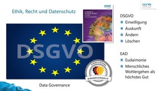 Ethik, Recht und Datenschutz
DSGVO
Einwilligung
Auskunft
Ändern
Löschen
EAD
Eudaimonie
Menschliches
Wohlergehen als
höchstes Gut
Data Governance
 