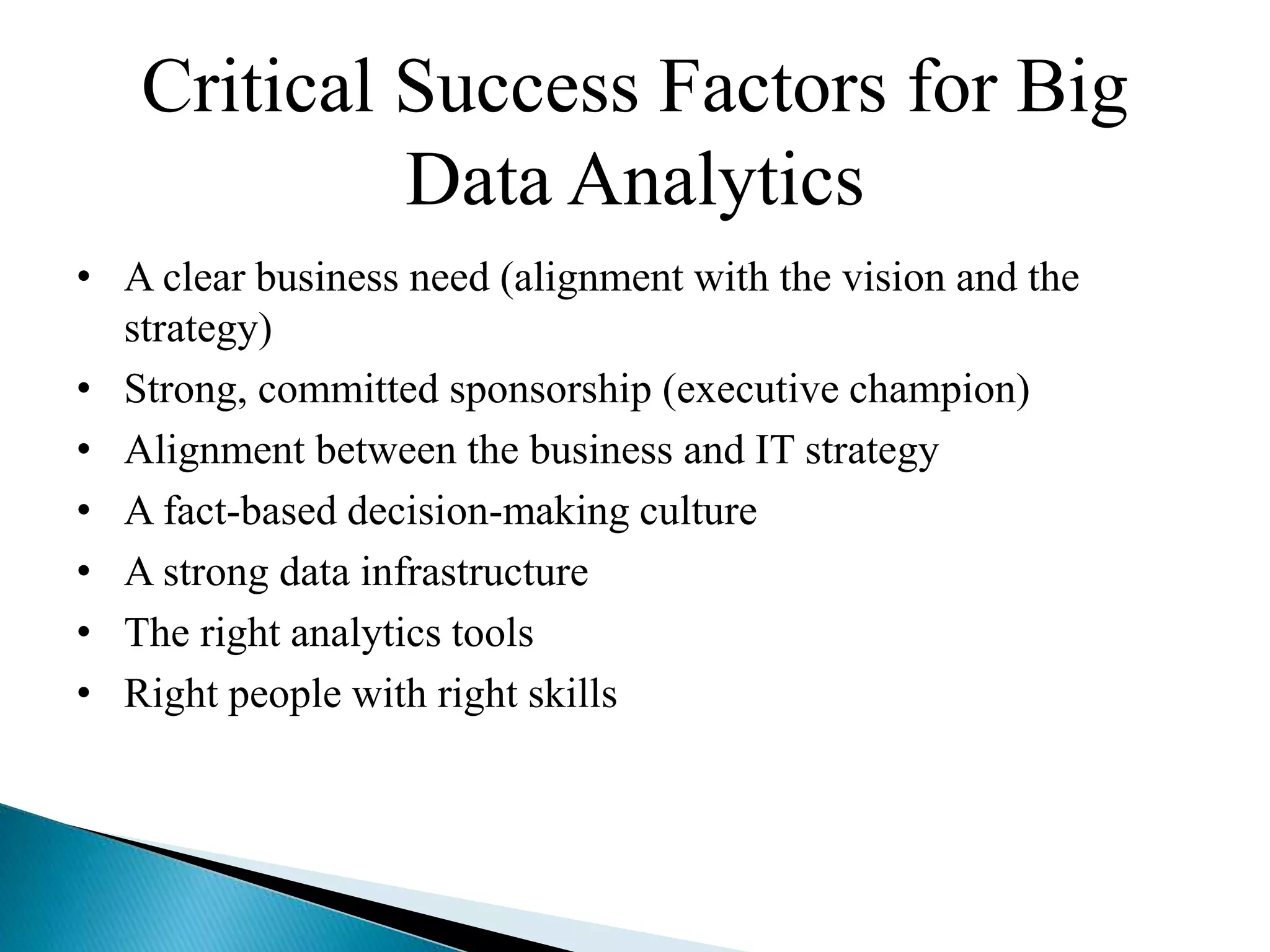 Critical Success Factors for Big
Data Analytics
• A clear business need (alignment with the vision and the
strategy)
• Strong, committed sponsorship (executive champion)
• Alignment between the business and IT strategy
• A fact-based decision-making culture
• A strong data infrastructure
• The right analytics tools
• Right people with right skills
 