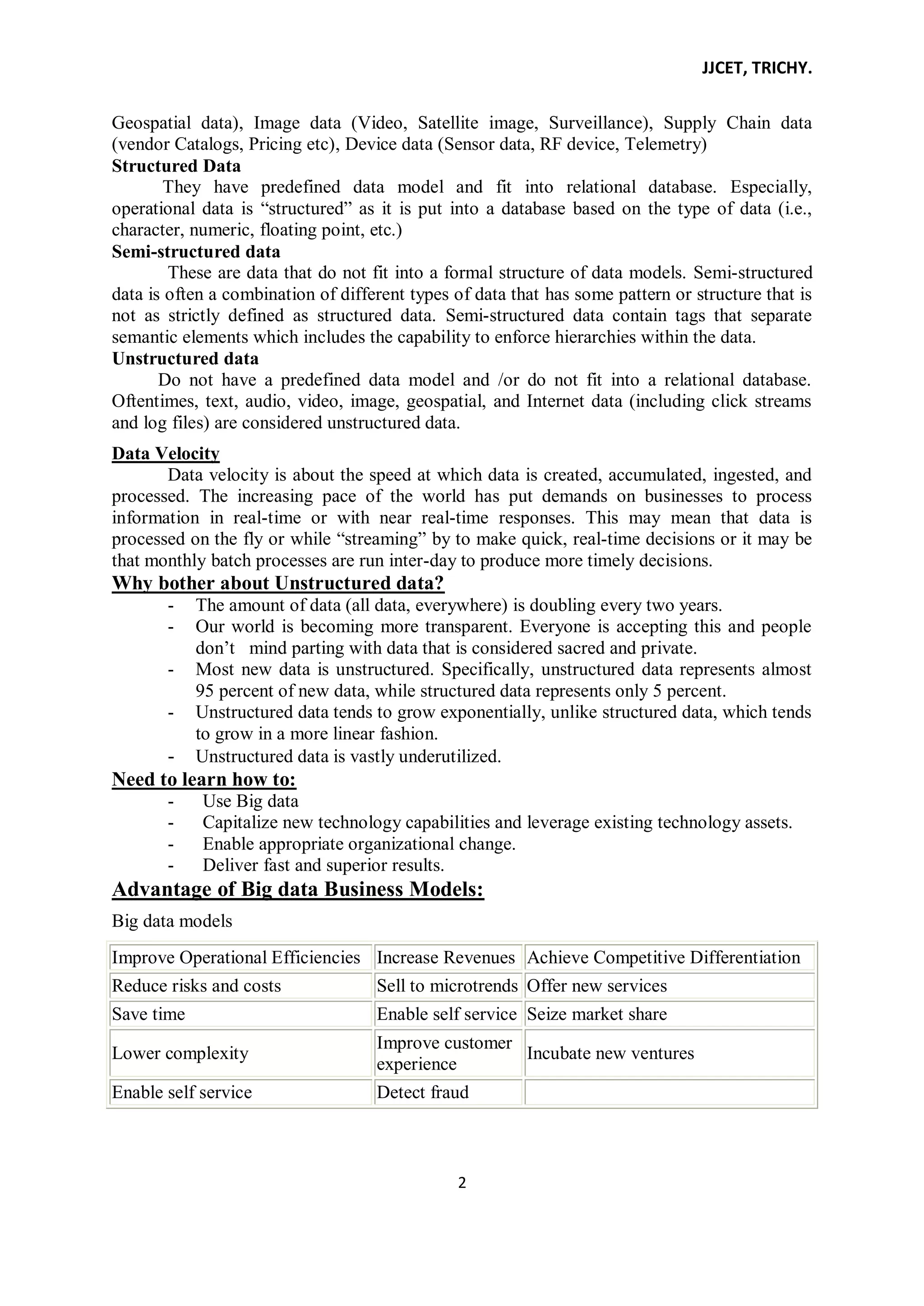 JJCET, TRICHY.
2
Geospatial data), Image data (Video, Satellite image, Surveillance), Supply Chain data
(vendor Catalogs, Pricing etc), Device data (Sensor data, RF device, Telemetry)
Structured Data
They have predefined data model and fit into relational database. Especially,
operational data is ―structured‖ as it is put into a database based on the type of data (i.e.,
character, numeric, floating point, etc.)
Semi-structured data
These are data that do not fit into a formal structure of data models. Semi-structured
data is often a combination of different types of data that has some pattern or structure that is
not as strictly defined as structured data. Semi-structured data contain tags that separate
semantic elements which includes the capability to enforce hierarchies within the data.
Unstructured data
Do not have a predefined data model and /or do not fit into a relational database.
Oftentimes, text, audio, video, image, geospatial, and Internet data (including click streams
and log files) are considered unstructured data.
Data Velocity
Data velocity is about the speed at which data is created, accumulated, ingested, and
processed. The increasing pace of the world has put demands on businesses to process
information in real-time or with near real-time responses. This may mean that data is
processed on the fly or while ―streaming‖ by to make quick, real-time decisions or it may be
that monthly batch processes are run inter-day to produce more timely decisions.
Why bother about Unstructured data?
- The amount of data (all data, everywhere) is doubling every two years.
- Our world is becoming more transparent. Everyone is accepting this and people
don’t mind parting with data that is considered sacred and private.
- Most new data is unstructured. Specifically, unstructured data represents almost
95 percent of new data, while structured data represents only 5 percent.
- Unstructured data tends to grow exponentially, unlike structured data, which tends
to grow in a more linear fashion.
- Unstructured data is vastly underutilized.
Need to learn how to:
- Use Big data
- Capitalize new technology capabilities and leverage existing technology assets.
- Enable appropriate organizational change.
- Deliver fast and superior results.
Advantage of Big data Business Models:
Big data models
Improve Operational Efficiencies Increase Revenues Achieve Competitive Differentiation
Reduce risks and costs Sell to microtrends Offer new services
Save time Enable self service Seize market share
Lower complexity
Improve customer
experience
Incubate new ventures
Enable self service Detect fraud
 