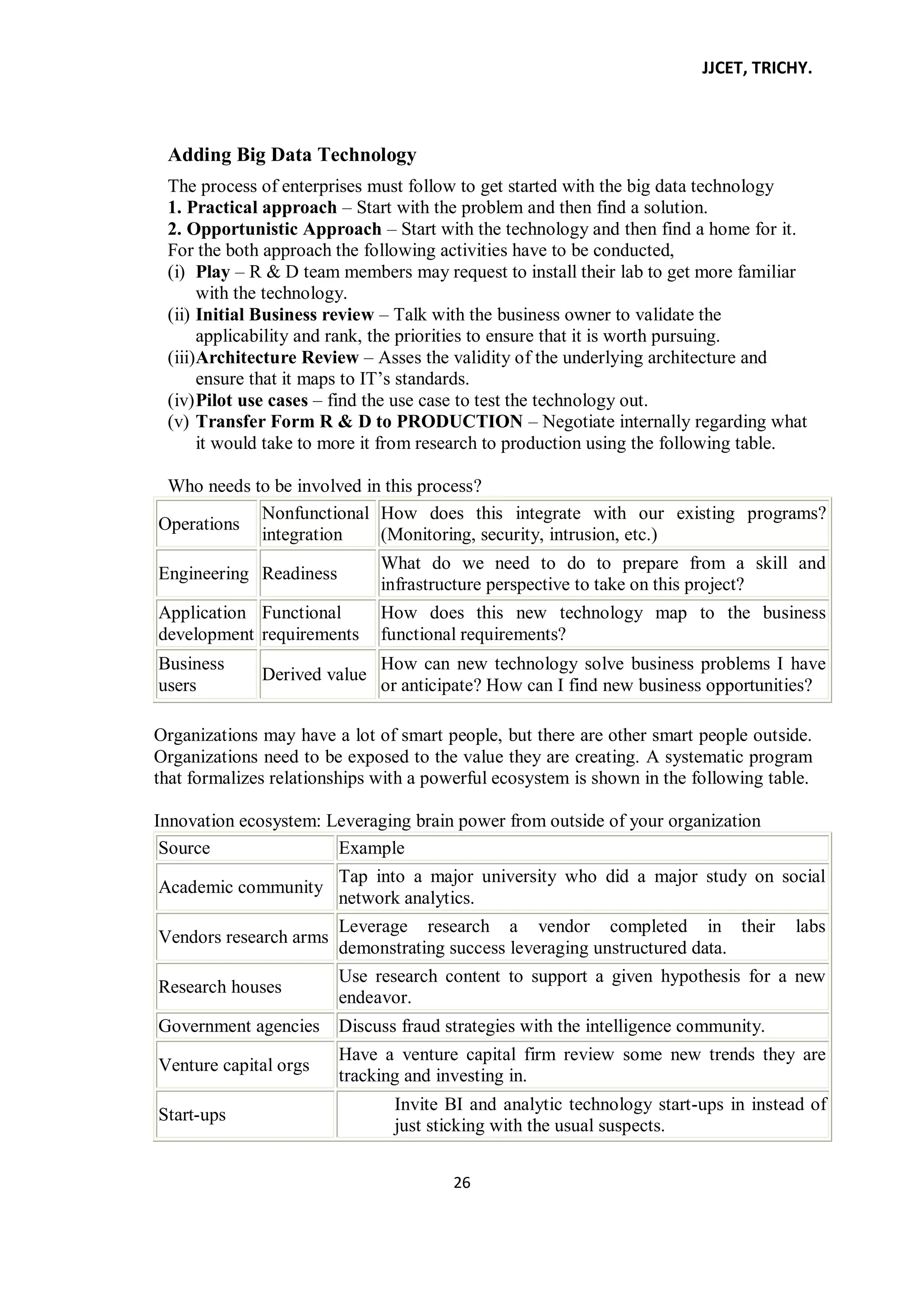 JJCET, TRICHY.
26
Adding Big Data Technology
The process of enterprises must follow to get started with the big data technology
1. Practical approach – Start with the problem and then find a solution.
2. Opportunistic Approach – Start with the technology and then find a home for it.
For the both approach the following activities have to be conducted,
(i) Play – R & D team members may request to install their lab to get more familiar
with the technology.
(ii) Initial Business review – Talk with the business owner to validate the
applicability and rank, the priorities to ensure that it is worth pursuing.
(iii)Architecture Review – Asses the validity of the underlying architecture and
ensure that it maps to IT’s standards.
(iv)Pilot use cases – find the use case to test the technology out.
(v) Transfer Form R & D to PRODUCTION – Negotiate internally regarding what
it would take to more it from research to production using the following table.
Who needs to be involved in this process?
Operations
Nonfunctional
integration
How does this integrate with our existing programs?
(Monitoring, security, intrusion, etc.)
Engineering Readiness
What do we need to do to prepare from a skill and
infrastructure perspective to take on this project?
Application
development
Functional
requirements
How does this new technology map to the business
functional requirements?
Business
users
Derived value
How can new technology solve business problems I have
or anticipate? How can I find new business opportunities?
Organizations may have a lot of smart people, but there are other smart people outside.
Organizations need to be exposed to the value they are creating. A systematic program
that formalizes relationships with a powerful ecosystem is shown in the following table.
Innovation ecosystem: Leveraging brain power from outside of your organization
Source Example
Academic community
Tap into a major university who did a major study on social
network analytics.
Vendors research arms
Leverage research a vendor completed in their labs
demonstrating success leveraging unstructured data.
Research houses
Use research content to support a given hypothesis for a new
endeavor.
Government agencies Discuss fraud strategies with the intelligence community.
Venture capital orgs
Have a venture capital firm review some new trends they are
tracking and investing in.
Start-ups
Invite BI and analytic technology start-ups in instead of
just sticking with the usual suspects.
 