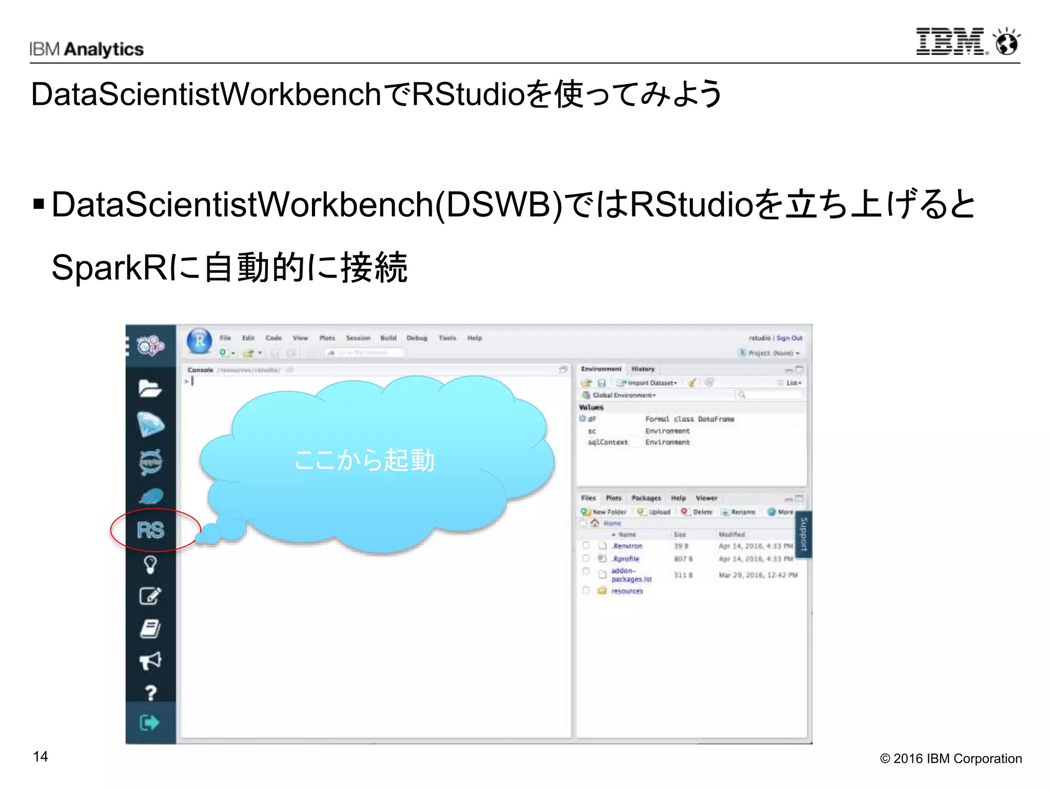 © 2016 IBM Corporation14
DataScientistWorkbenchでRStudioを使ってみよう
DataScientistWorkbench(DSWB)ではRStudioを立ち上げると
SparkRに自動的に接続
ここから起動
 